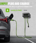 Hardwired Level 2 EV Charger 32 Amp 240 Volt Wallbox with 18 ft cord connected to an electric vehicle in a driveway.