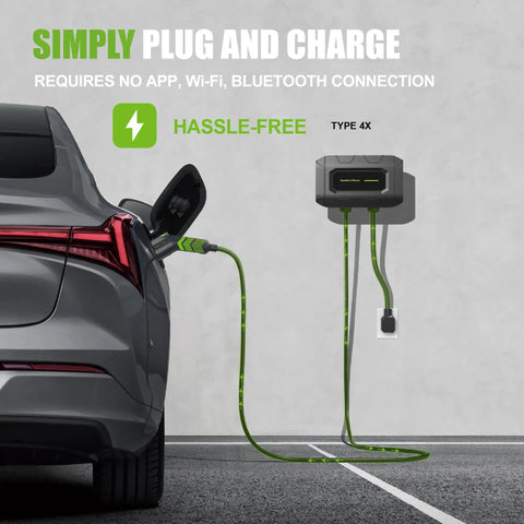 Hardwired Level 2 EV Charger 32 Amp 240 Volt Wallbox with 18 ft cord connected to an electric vehicle in a driveway.