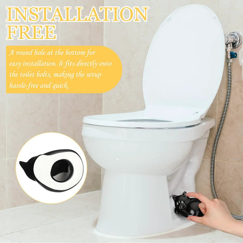 Two Cat Shaped Toilet Bolt Caps Ceramic Screw Covers For Bathroom Decor, 2 Pack Black, shown installed on toilet bowl