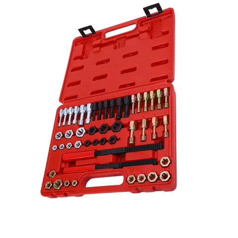 Heavy Duty 48 Piece Steel Thread Chaser Kit With 22 Taps And 24 Dies Plus Two Files For Cleaning Restoring Damaged Threads On Bolts Studs Nuts Perfect For Mechanics In The Garage Or DIY Auto Projects, red case open