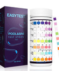 Affordable 7 Way Pool Test Strips Kit For Hot Tubs And Spas, 150 Strips, shown with packaging and a close-up of the test colors.