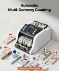 VEVOR High Speed Money Counter Machine For Dollars And Euros 1200 Bills Per Min Mixed Denomination Cash Register Detector displaying multiple currencies.