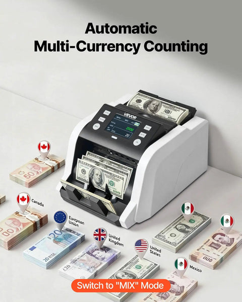 VEVOR High Speed Money Counter Machine For Dollars And Euros 1200 Bills Per Min Mixed Denomination Cash Register Detector displaying multiple currencies.