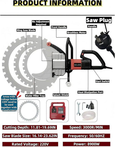 Heavy Duty 8900W High Frequency Ring Saw For Concrete Wall Grooving, detailed view with blade specs and components.