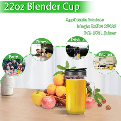Two Pack Tall 22 Ounce Blender Cups With Flip Top To Go Lid For Smoothies And Shakes, Dishwasher Safe Mug With Handle, surrounded by fruit and lifestyle images.