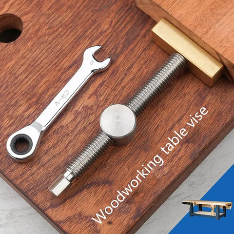 Professional Grade Woodworking Table Vise With Tenon Stop Strip Rock Steady Bench Fixture For Hardcore Carpenter And Machinist Shop Rig Built Tough Brass Workshop Clamp on wooden surface with wrench.