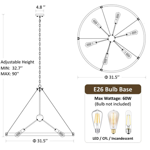 Diagram showing dimensions of 31.5 Inch Farmhouse Chandelier With Rustic Wagon Wheel Silhouette in Vintage Rust and Black Finish.