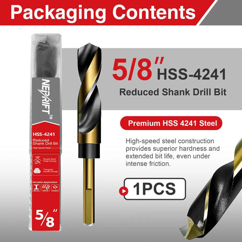 Packaging of Five Eighth Inch Drill Bit In High Speed Steel 4241 with 10mm shank, black oxide coating, single piece
