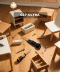 Fast Charging Cordless Mini Drill With USB Charging And Six Interchangeable Bits including Phillips and Flathead on workshop floor surrounded by screws and wooden furniture pieces.