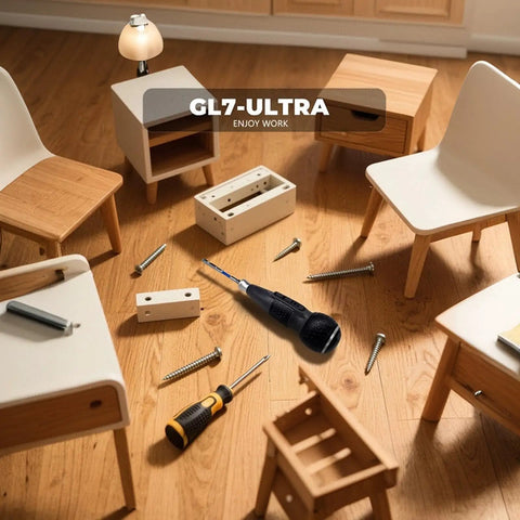 Fast Charging Cordless Mini Drill With USB Charging And Six Interchangeable Bits including Phillips and Flathead on workshop floor surrounded by screws and wooden furniture pieces.