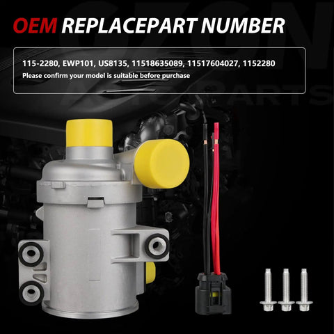 Heavy Duty Electric Engine Water Pump With Aluminum Thermostat For BMW Models with wires and screws on black background.