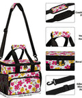 Floral insulated picnic backpack with lunch box, spacious thermal tote, padded strap, sturdy handle, and metal zipper.