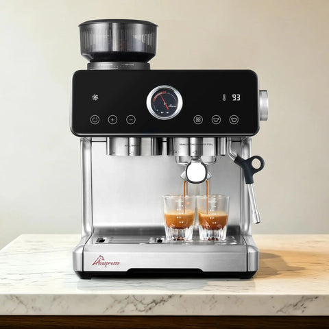 One Touch Auto Grind Espresso Machine With Smart Dosing And Brushed Stainless Steel Finish brewing espresso into glasses on countertop.
