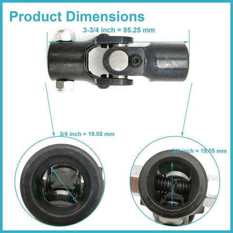 Product dimensions showing Heavy Duty 3/4 Double D To 3/4 Round Single Steering Shaft Universal U Joint details.
