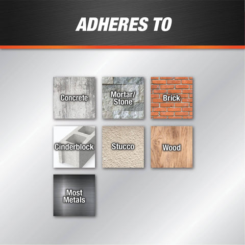 Concrete And Mortar Filler And Sealant In Gray For Interior And Exterior Cracks And Holes adhering to various surfaces including concrete, mortar, brick, cinderblock, stucco, wood, and metals.