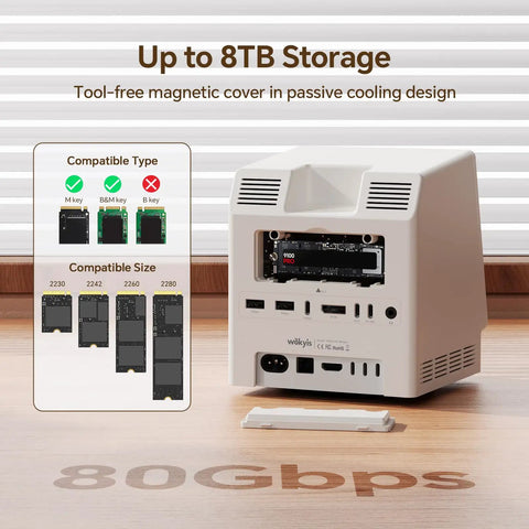 Kickass Retro Dock Station For Mac Mini M4 Pro with passive cooling design and tool-free magnetic cover, showing ports and storage options.