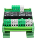 Front view of 4 Channel Relay Module For Industrial Automation SPDT DIN Rail Mount 24V DC AC Interface Board on green rail