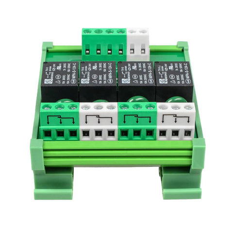 Front view of 4 Channel Relay Module For Industrial Automation SPDT DIN Rail Mount 24V DC AC Interface Board on green rail