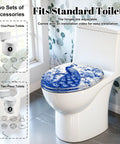 Elongated Chinoiserie Blue Peacock Floral Design Traditional Toilet Seat installed on a standard toilet with adjustable hinges.