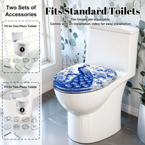 Elongated Chinoiserie Blue Peacock Floral Design Traditional Toilet Seat installed on a standard toilet with adjustable hinges.