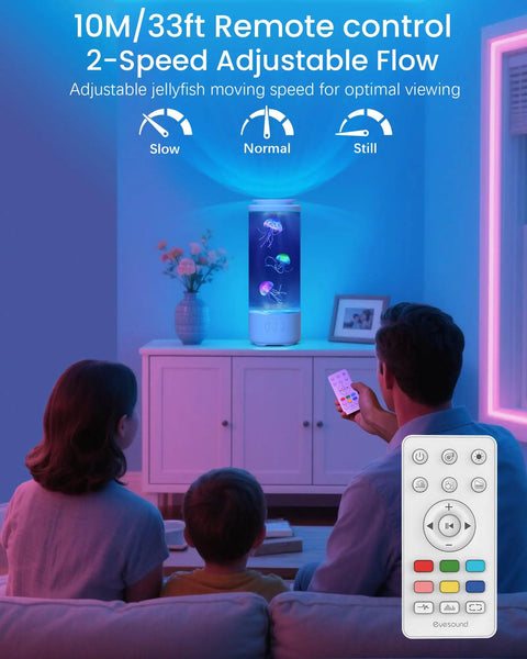Family using a remote control for Jellyfish Lamp Bluetooth Speaker With White Noise, 7 Color Changing Ocean Tank Light.
