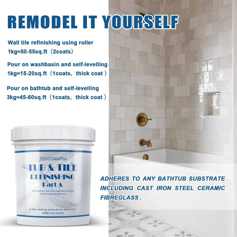 DIY Tub And Tile Refinishing Kit With Tools For Porcelain Enamel Ceramic Tile And Bathtub Makeover White 35 Oz shown in bathroom