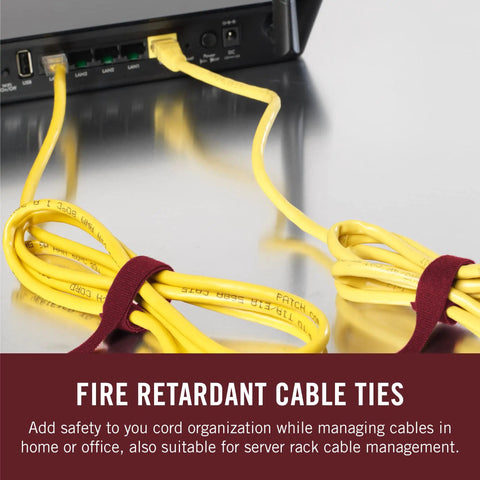 Fire Retardant Cable Ties 50 Pack One Wrap FR 8 Inch Pre Cut Cable Management Ties organizing yellow cables in office setup.