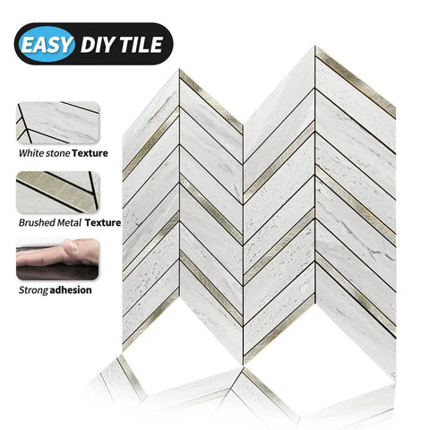 Peel And Stick Hexagon Mosaic Backsplash Tiles For Kitchen Decor with white stone and brushed metal texture, adhesive backing.