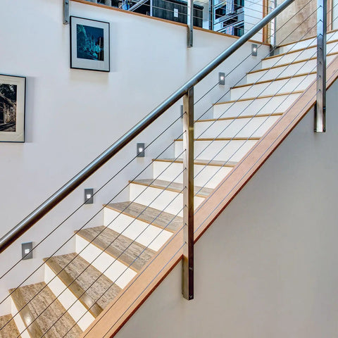 Indoor stair railing featuring 1000 Feet Black Stainless Steel Cable Kit for Deck Railing 1/8 Inch 7x7 Wire Rope T316 With Cutter DIY Balustrades.