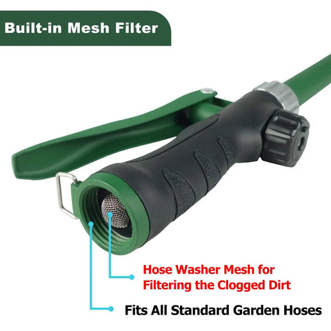 Close-up of Heavy Duty 21 Inch Watering Wand With Pivoting Head And Ergonomic Handle, showing built-in mesh filter.