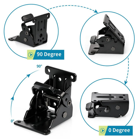 Heavy Duty Folding Brackets 4 Pack With Self Locking Hinges And Stainless Steel Screws For Table Legs Bed Frames And Shop Tables Space Saving Black Hardware Zero Sweat Setup showing 90 and 0 degree positions.