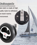 Durable marine cam latch with flush mount fits 2.5 inch hole, crafted from tough nylon with stainless steel cam bars, black color.
