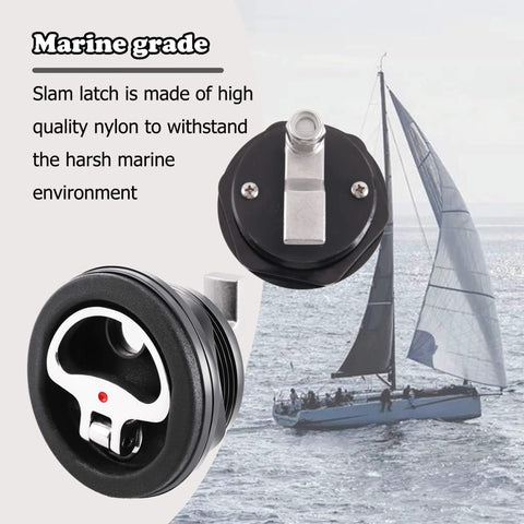 Durable marine cam latch with flush mount fits 2.5 inch hole, crafted from tough nylon with stainless steel cam bars, black color.