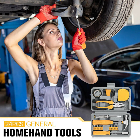 24 Piece Mini Tool Kit With Storage Box For Home DIY Office And Garage Yellow Ready To Roll Compact Hand Tool Set For Quick Fixes And Everyday Projects Hanging Pictures Assembling Furniture And More, image showing a person using the tools on a car.