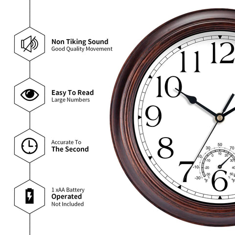 Vintage Bronze 8.5 Inch Outdoor Wall Clock With Thermometer Silent Battery Operated Retro Vibes Non Tick Clock with features.