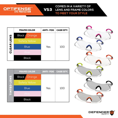 VS3 Anti Fog Safety Glasses With Clear Or Tinted Lenses, Pink Frame, ANSI Z87 Plus OSHA Compliant Eyewear chart with colors
