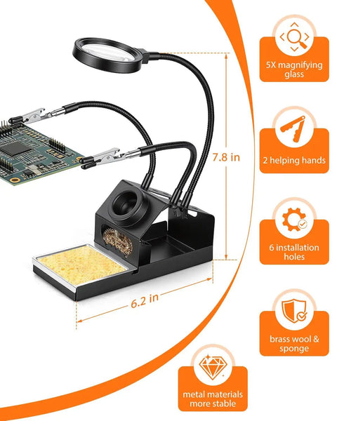 100W High Power Soldering Iron Kit with LCD Display showing magnifying glass, helping hands, metal base for electronics DIY.