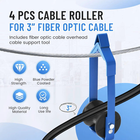 4 Pack Universal Cable Roller 3 Inch Diameter For Fiber Optic And Aerial Cables Workhorse Tool In Steel And Plastic Powder Coated Blue Built To Take On Tough Jobs At The Job Site showing cable support tool with icons