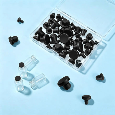Five Zero Pcs Silicone Rubber Plugs For Holes 1/8 Inch To 3/8 Inch Bumpers Seal Dust And Gaps On Wood Or Metal Make Surfaces Look Nice Tight Fit Stuff, black rubber plugs in clear box