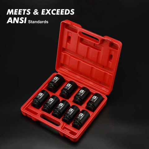 1/2 Inch Drive Deep Impact Socket Set, 9 Piece Metric Range 29mm Through 38mm, 6 Point Axle Nut Sockets in open red case