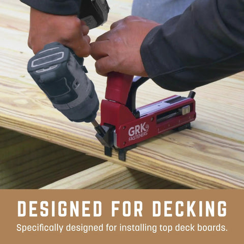 Man using AnglePro Hidden Deck Fastening Tool For Clean Screw Free Decks With Precise Between Board Gapping from 0.12 to 0.30 Inches