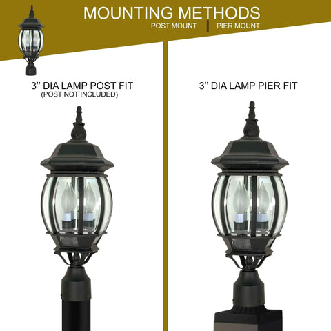 Traditional Style Outdoor Post Light With Clear Beveled Glass Panels In Black Finish, 120V 60W, Built To Last Lantern For A Home Exterior showing post and pier mount options