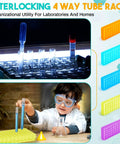 Child using colorful tube rack with test tubes, featuring 10 Pack Multi Color Microcentrifuge Tube Racks, 60 Hole Each, Double Panel Polypropylene Test Holder For 0.5 To 2 Ml Tubes, Centrifuge Tube Storage Tray For Lab Gear, Colorful Organization Kit.