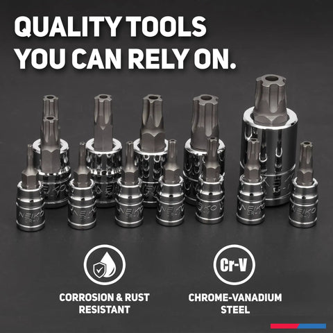 Tamperproof Torx Plus Bit Socket Set 12 Piece With 8 IPR To 60 IPR 5 Point Star Bits Cr-V And S2 Steel on display