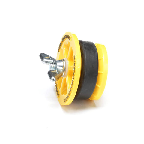 End Of Pipe Gripper Test Plug 2 Inch Yellow For Plumbing System Tests Seals Inside Pipe Up To 17 PSI With Large Zinc Wing Nut