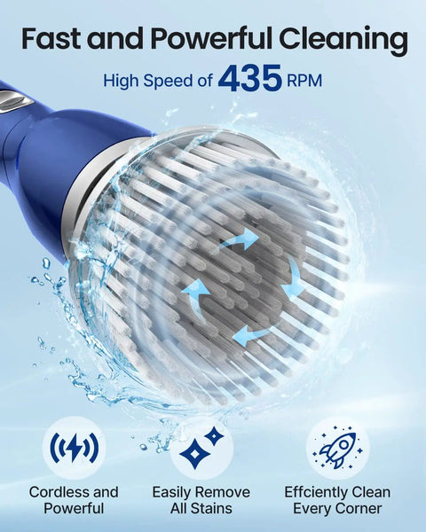 Close-up of Electric Spin Scrubber With Long Handle Cordless Power Brush With 4 Detachable Heads For Bathroom Cleaning at 435 RPM