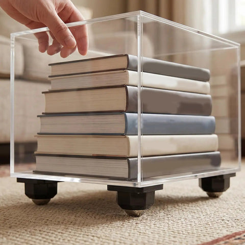 Self Adhesive Mini Casters Wheels Set For Kitchen Storage Boxes And Trash Cans under clear box holding books on carpet