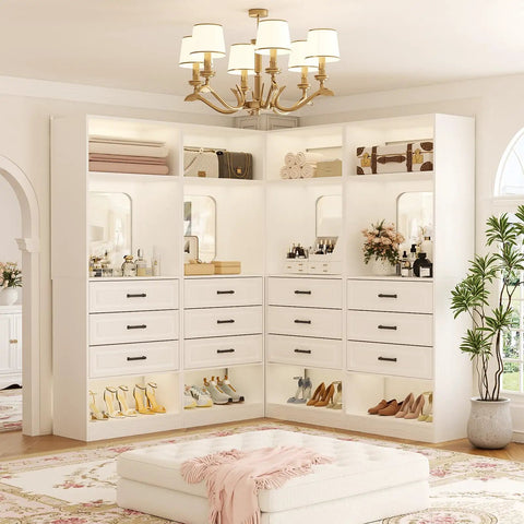 100 Inch White Freestanding Closet System With Smooth Glide Drawers And Full Length Mirrored Panel Badass All In One Bedroom Wardrobe Organizer to Flex Your Style And Keep Fits On Deck, elegantly arranged with storage drawers and mirrors.
