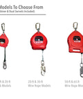 Three red Falcon self-retracting lifelines, different sizes including Falcon 30-Foot Self Retracting Galvanized Wire Lifeline With Swivel Carabiner And Snap Hook Red MP30G-Z7/30FT Heavy Duty Fall Protection For Roofs And Industrial Sites.