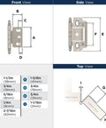 Diagram showing dimensions of Slick Satin Nickel Decorative Ball Tip Cabinet Hinge For 3 4 Inch Doors Partial Wrap Overlay.